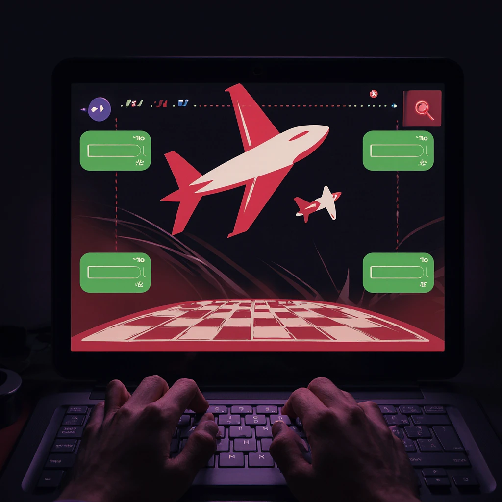 Simulación del juego Aviator desde el portátil en modo demo. Diseño oscuro, aviones en pantalla y acciones sin riesgo financiero.
