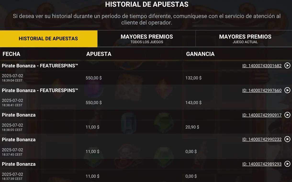 Historial de apuestas